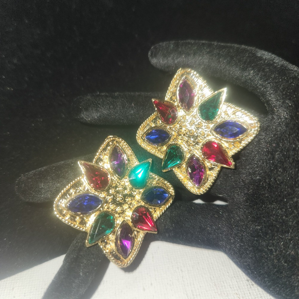 Vintage Gold Tone Multi Color Rhinestone Clip On‎ Earrings Chunky Square Boho